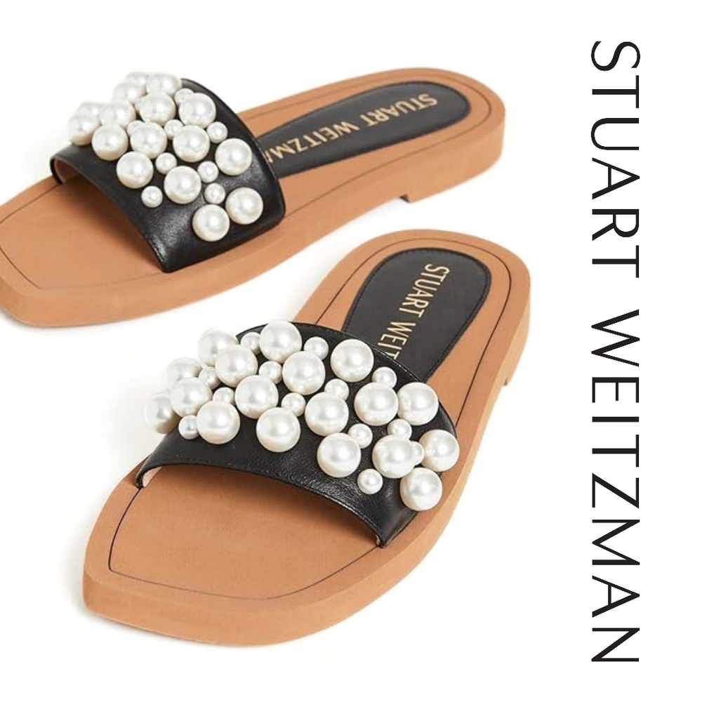 Stuart Weitzman Goldie Faux Pearl-Studded Leather Slides Size 9 Authentic - Picture 3 of 9